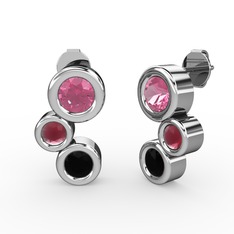 Vinda Küpe - Siyah zirkon, pembe kuvars ve kök yakut 18 ayar beyaz altın küpe #pnm985