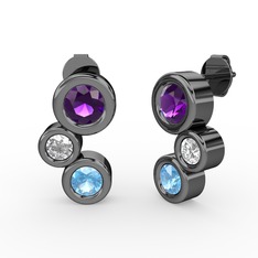 Vinda Küpe - Akuamarin, ametist ve pırlanta 925 ayar siyah rodyum kaplama gümüş küpe (0.48 karat) #quczeg