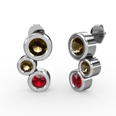 Garnet ve dumanlı kuvars 14 ayar beyaz altın küpe