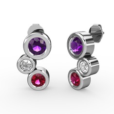 Rodolit garnet, ametist ve beyaz zirkon 8 ayar beyaz altın küpe