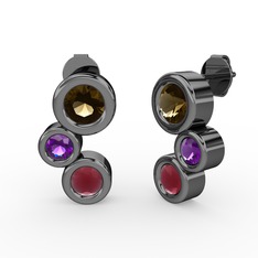 Vinda Küpe - Kök yakut, dumanlı kuvars ve ametist 925 ayar siyah rodyum kaplama gümüş küpe #ro45j4