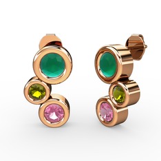 Pembe kuvars, kök zümrüt ve peridot 925 ayar rose altın kaplama gümüş küpe