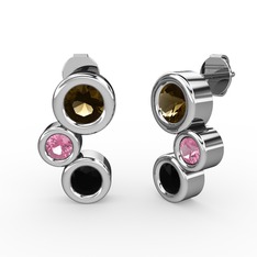 Siyah zirkon, dumanlı kuvars ve pembe kuvars 14 ayar beyaz altın küpe