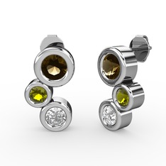 Swarovski, dumanlı kuvars ve peridot 18 ayar beyaz altın küpe