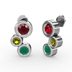 Kök zümrüt, garnet ve peridot 8 ayar beyaz altın küpe