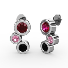 Siyah zirkon, rodolit garnet ve pembe kuvars 14 ayar beyaz altın küpe