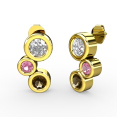 Dumanlı kuvars, beyaz zirkon ve pembe kuvars 925 ayar altın kaplama gümüş küpe