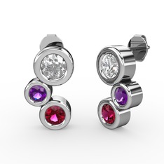 Rodolit garnet, beyaz zirkon ve ametist 18 ayar beyaz altın küpe