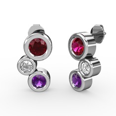 Ametist, rodolit garnet ve swarovski 18 ayar beyaz altın küpe