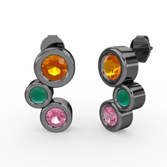 Pembe kuvars, sitrin ve kök zümrüt 925 ayar siyah rodyum kaplama gümüş küpe