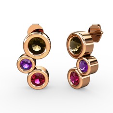 Rodolit garnet, dumanlı kuvars ve ametist 18 ayar rose altın küpe