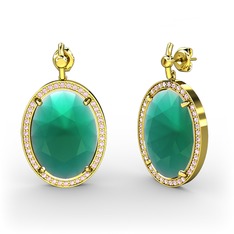 Kök zümrüt ve pembe kuvars 18 ayar altın küpe