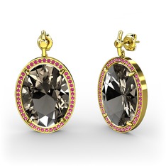 Dumanlı kuvars ve rodolit garnet 8 ayar altın küpe