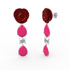 Gül Damlası Küpe - Neon pembe akrilik ve swarovski 8 ayar beyaz altın küpe (Kırmızı mineli) #11i9zg0