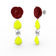 Gül Damlası Küpe - Neon sarı akrilik ve swarovski 8 ayar beyaz altın küpe (Kırmızı mineli) #12ysiib
