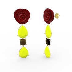 Neon sarı akrilik ve dumanlı kuvars 18 ayar altın küpe (Kırmızı mineli)