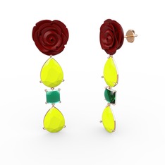 Gül Damlası Küpe - Neon sarı akrilik ve yeşil kuvars 18 ayar rose altın küpe (Kırmızı mineli) #19nscee