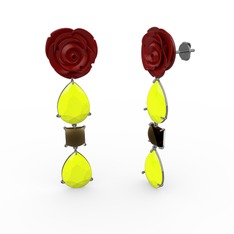 Gül Damlası Küpe - Neon sarı akrilik ve dumanlı kuvars 925 ayar siyah rodyum kaplama gümüş küpe (Kırmızı mineli) #19txqf8