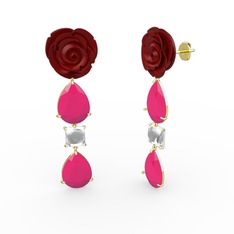Neon pembe akrilik ve beyaz zirkon 14 ayar altın küpe (Kırmızı mineli)