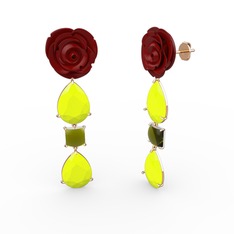 Gül Damlası Küpe - Neon sarı akrilik ve peridot 18 ayar rose altın küpe (Kırmızı mineli) #1jpbulc