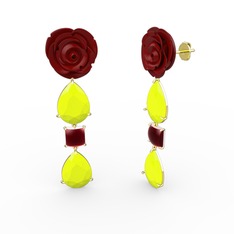 Neon sarı akrilik ve kök yakut 8 ayar altın küpe (Kırmızı mineli)