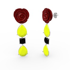 Neon sarı akrilik ve siyah zirkon 14 ayar beyaz altın küpe (Kırmızı mineli)