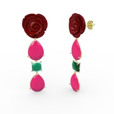 Neon pembe akrilik ve yeşil kuvars 8 ayar altın küpe (Kırmızı mineli)