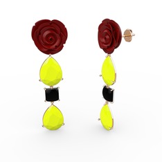 Gül Damlası Küpe - Neon sarı akrilik ve siyah zirkon 18 ayar rose altın küpe (Kırmızı mineli) #1o3exm4