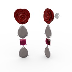 Füme akrilik ve rodolit garnet 8 ayar beyaz altın küpe (Kırmızı mineli)