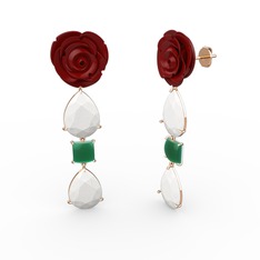 Beyaz akrilik ve kök zümrüt 18 ayar rose altın küpe (Kırmızı mineli)