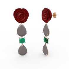 Füme akrilik ve yeşil kuvars 14 ayar rose altın küpe (Kırmızı mineli)