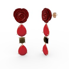 Kırmızı akrilik ve dumanlı kuvars 14 ayar rose altın küpe (Kırmızı mineli)