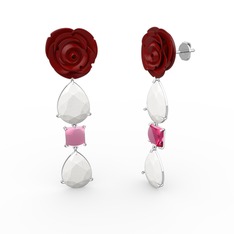 Gül Damlası Küpe - Beyaz akrilik ve pembe kuvars 8 ayar beyaz altın küpe (Kırmızı mineli) #1uzasj2