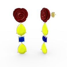 Neon sarı akrilik ve lab safir 18 ayar altın küpe (Kırmızı mineli)