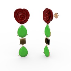 Neon yeşil akrilik ve dumanlı kuvars 14 ayar rose altın küpe (Kırmızı mineli)