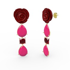 Gül Damlası Küpe - Neon pembe akrilik ve garnet 18 ayar altın küpe (Kırmızı mineli) #1wimuxu
