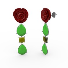 Gül Damlası Küpe - Neon yeşil akrilik ve peridot 925 ayar siyah rodyum kaplama gümüş küpe (Kırmızı mineli) #1xslcho