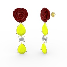 Neon sarı akrilik ve swarovski 18 ayar altın küpe (Kırmızı mineli)