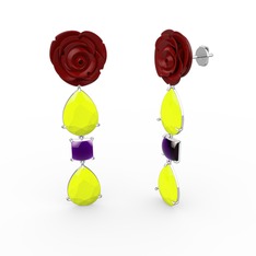 Neon sarı akrilik ve ametist 8 ayar beyaz altın küpe (Kırmızı mineli)