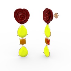 Neon sarı akrilik ve sitrin 14 ayar rose altın küpe (Kırmızı mineli)