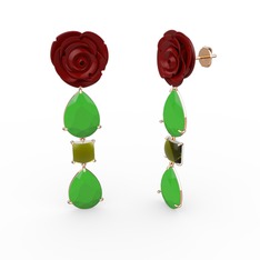 Neon yeşil akrilik ve peridot 18 ayar rose altın küpe (Kırmızı mineli)