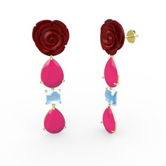 Gül Damlası Küpe - Neon pembe akrilik ve akuamarin 14 ayar altın küpe (Kırmızı mineli) #ej2s9