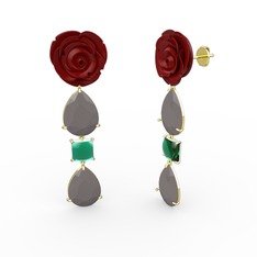 Gül Damlası Küpe - Füme akrilik ve yeşil kuvars 8 ayar altın küpe (Kırmızı mineli) #esyqwz