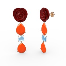Neon turuncu akrilik ve akuamarin 14 ayar rose altın küpe (Kırmızı mineli)