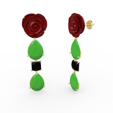 Neon yeşil akrilik ve siyah zirkon 14 ayar altın küpe (Kırmızı mineli)