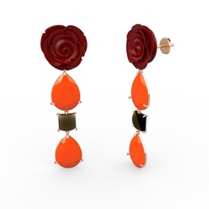 Gül Damlası Küpe - Neon turuncu akrilik ve dumanlı kuvars 8 ayar rose altın küpe (Kırmızı mineli) #jgsdlb