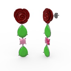Gül Damlası Küpe - Neon yeşil akrilik ve pembe kuvars 925 ayar siyah rodyum kaplama gümüş küpe (Kırmızı mineli) #k0eklb