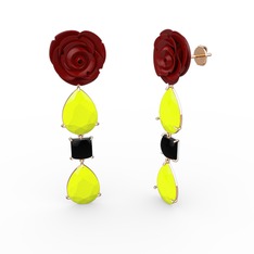 Gül Damlası Küpe - Neon sarı akrilik ve siyah zirkon 14 ayar rose altın küpe (Kırmızı mineli) #k0v1h9
