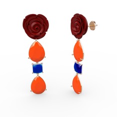 Gül Damlası Küpe - Neon turuncu akrilik ve lab safir 14 ayar rose altın küpe (Kırmızı mineli) #o24suw