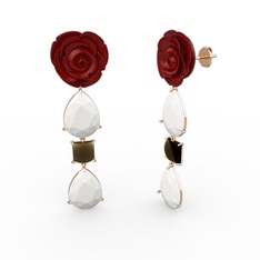 Beyaz akrilik ve dumanlı kuvars 18 ayar rose altın küpe (Kırmızı mineli)